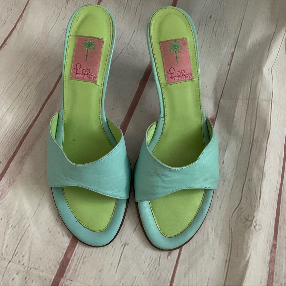 Lilly Pulitzer vintage light aqua blue kitten heel leather slide sandals 9.5